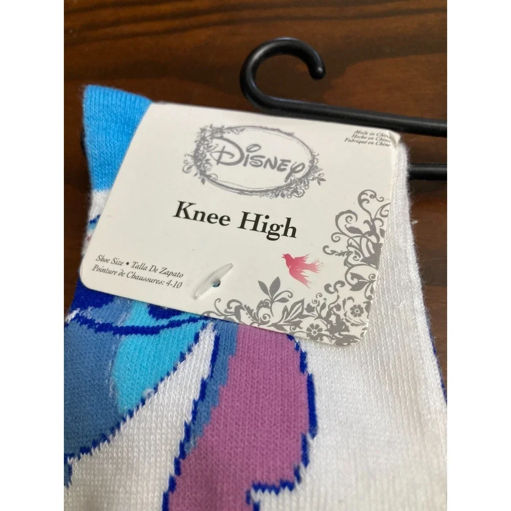 Disney Knee High Stitch Socks Cartoon Novelty White Blue NWT Shoe Size 4-10 Girl